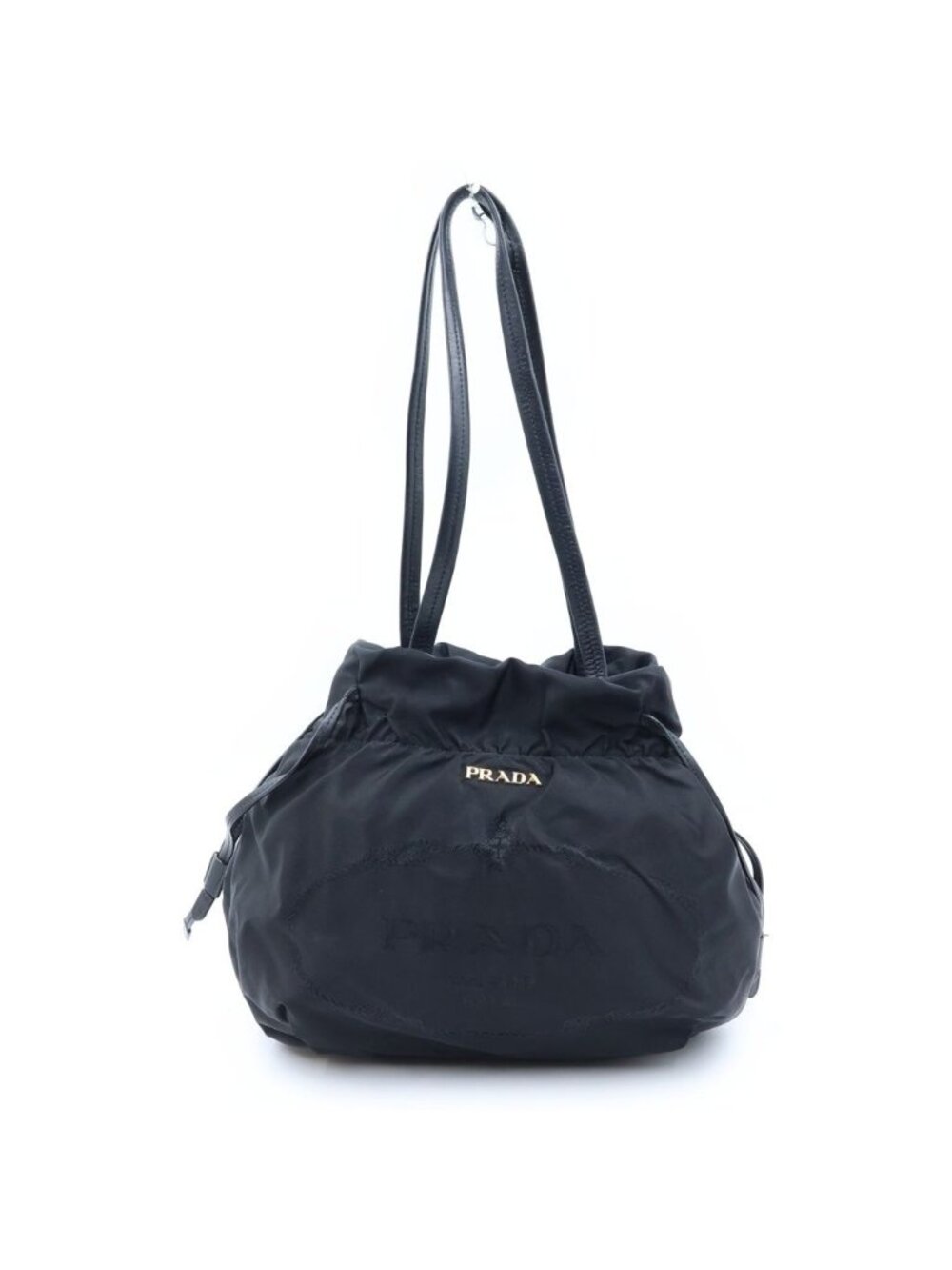 Prada Logo Jaguar Tote Drawstring Nylon Leather Black